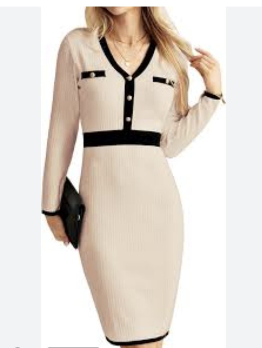 Grace Karin Cream Long Sleeve V-Neck Sheath Dress with Black Trim